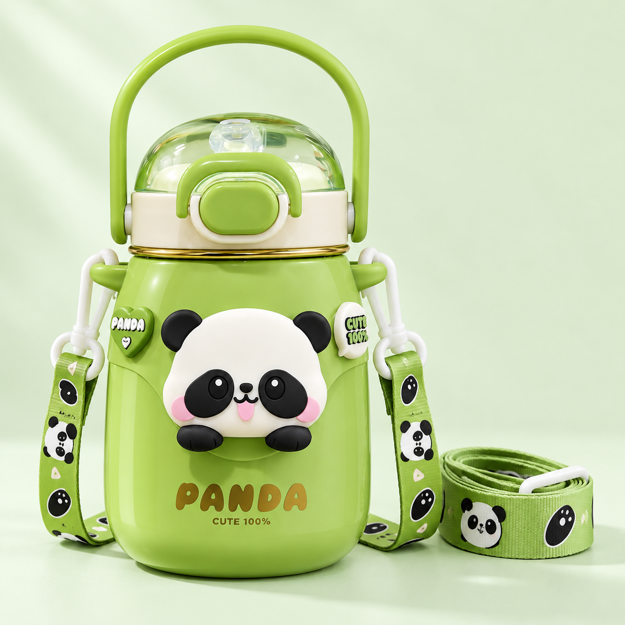 Green NiuNiu Panda Bottle with carry handle and shoulder strap