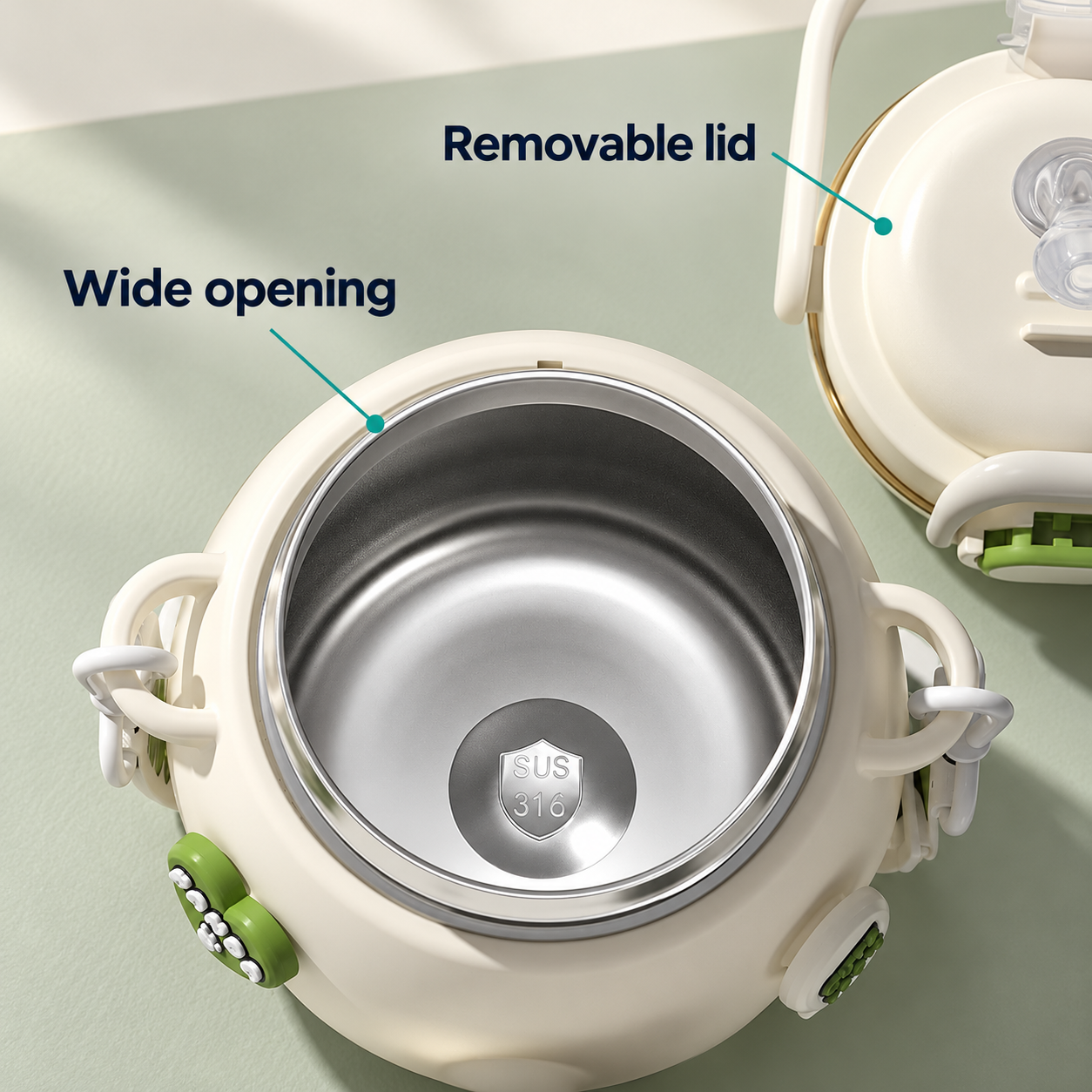 Open white panda bottle showing its wide stainless-steel interior and removable lid beside it